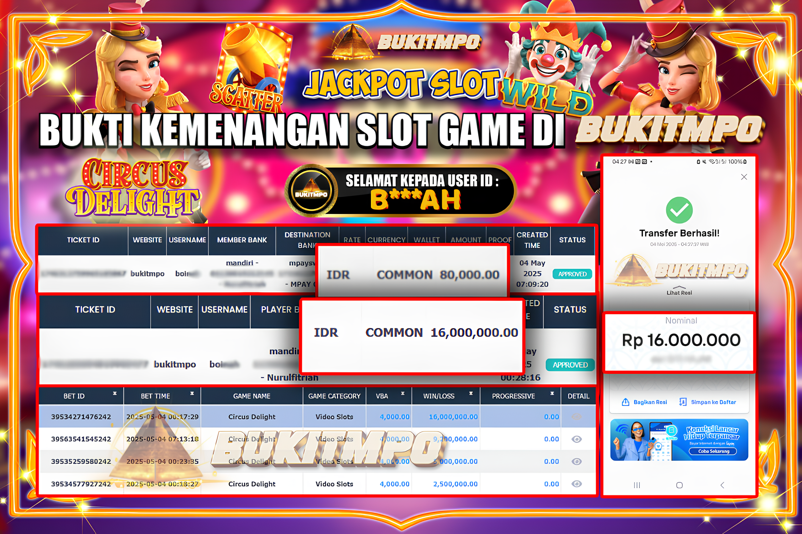 BUKITMPO JACKPOT SLOT Circus Delight Rp.16.000.000,- LUNAS